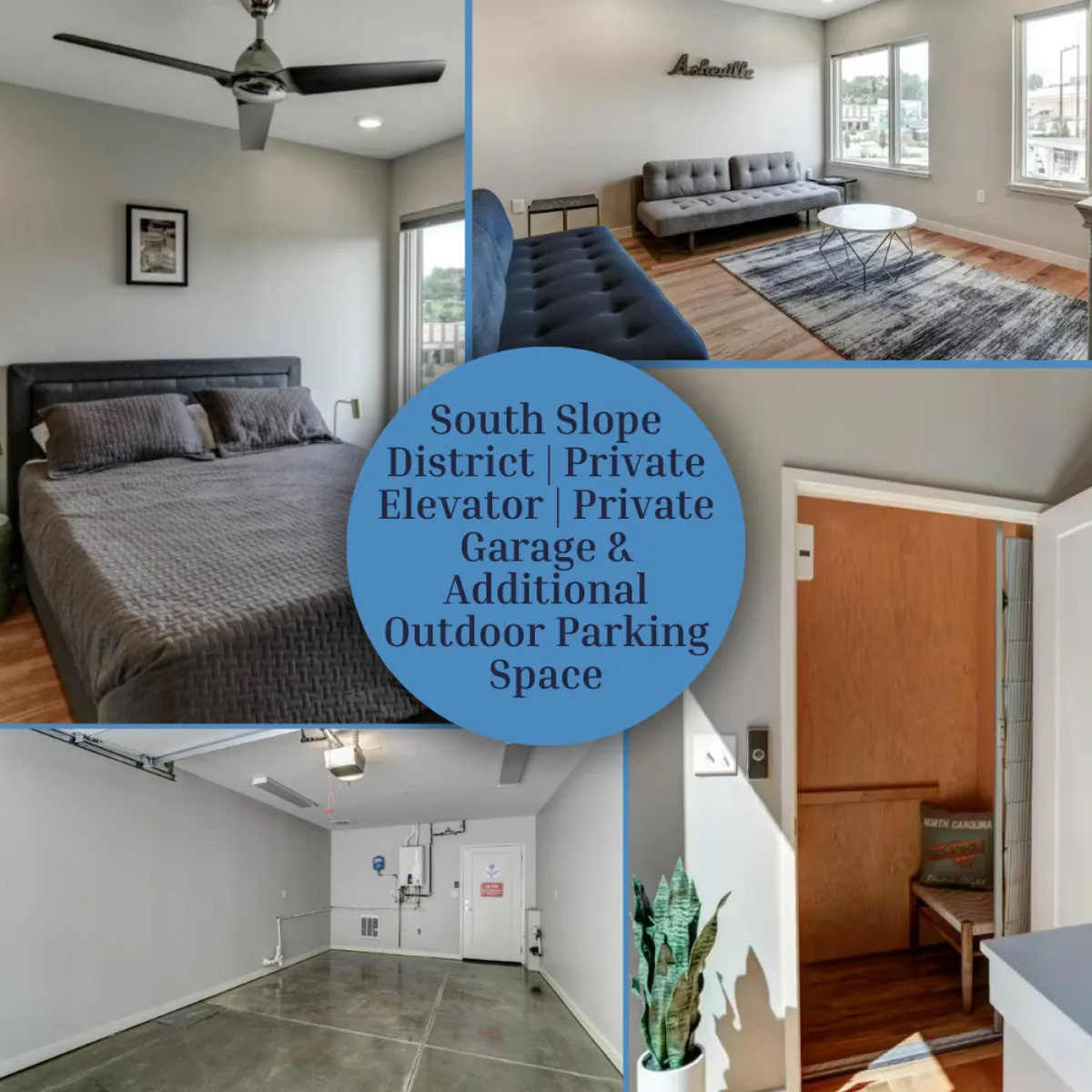 The image showcases a stylish, sunlit bedroom with plush gray bedding, an inviting living room with modern seating and city views, a private garage space, and the sleek entrance to a private elevator—all set within a contemporary townhome.